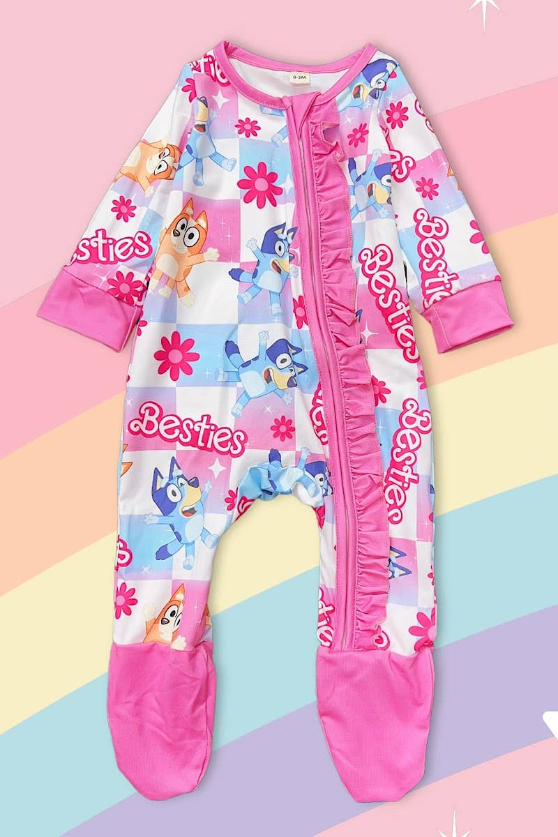 (RTS)Pink Cartoon Baby Sleeper, Ruffle Zip Footie Pajamas, Infant Romper, Girls Footed Sleeper, Soft Baby Sleepwear, Baby Shower Gift