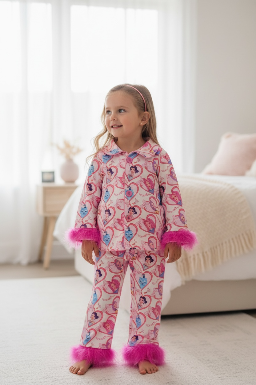 K-Pop Inspired Girls Pajama Set, Pink Fur Trim Boutique PJs, Cute Korean Style Kids Sleepwear, Soft Princess Pajamas, Birthday Gift