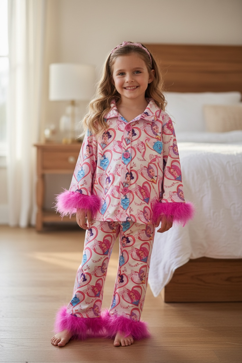 K-Pop Inspired Girls Pajama Set, Pink Fur Trim Boutique PJs, Cute Korean Style Kids Sleepwear, Soft Princess Pajamas, Birthday Gift