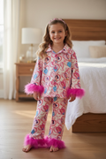 K-Pop Inspired Girls Pajama Set, Pink Fur Trim Boutique PJs, Cute Korean Style Kids Sleepwear, Soft Princess Pajamas, Birthday Gift